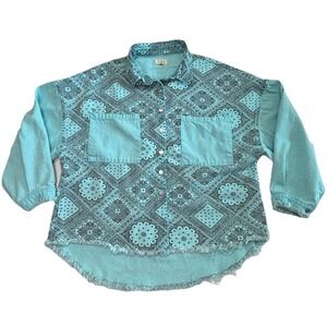 POL Women's Boho Bandana Print Button Shirt Raw Hem Cotton Top Medium